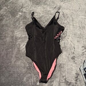 PINK Victoria's Secret Black One-Piece with Pink Lining and Side Cutouts